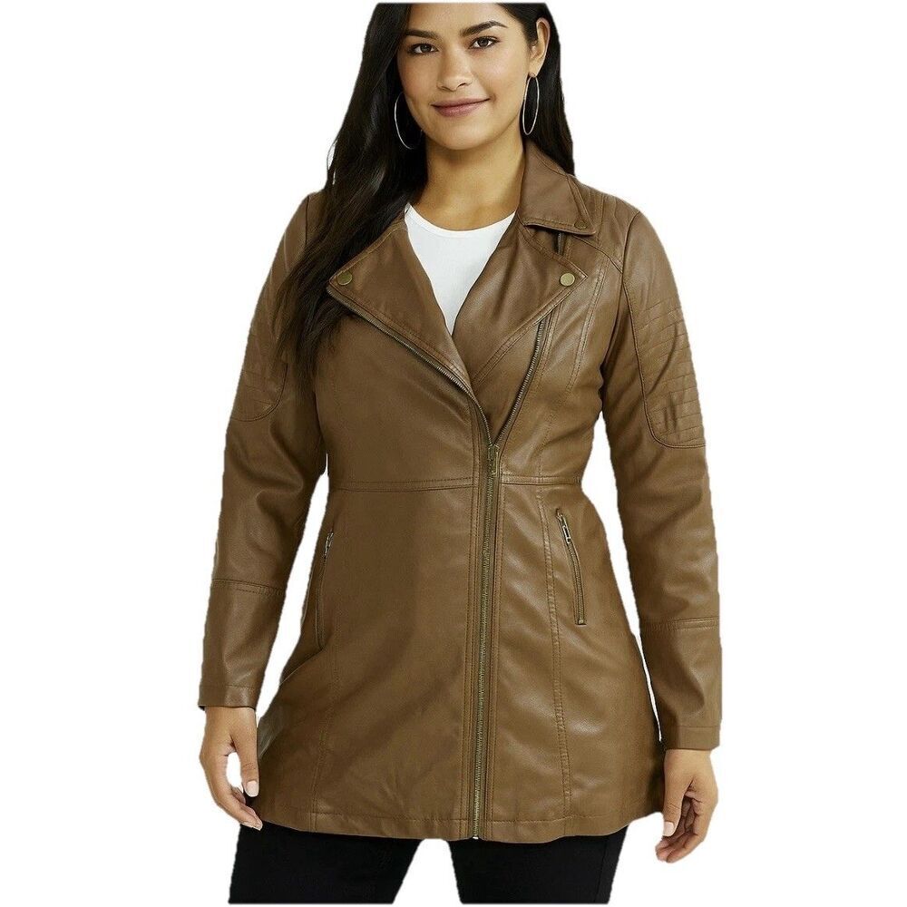 Miss Lili Women’s M Brown Faux Leather Moto Long Jacket Zip Pockets NWT